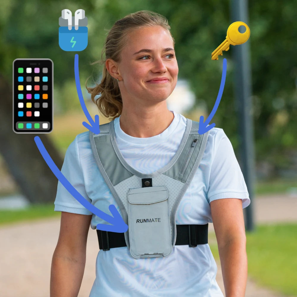Dette er et billede af en kvinde i en løbevest fra RUNMATE i refleks, hvor der markeret, at der kan være AirPods, nøgler og en mobil i løbevesten