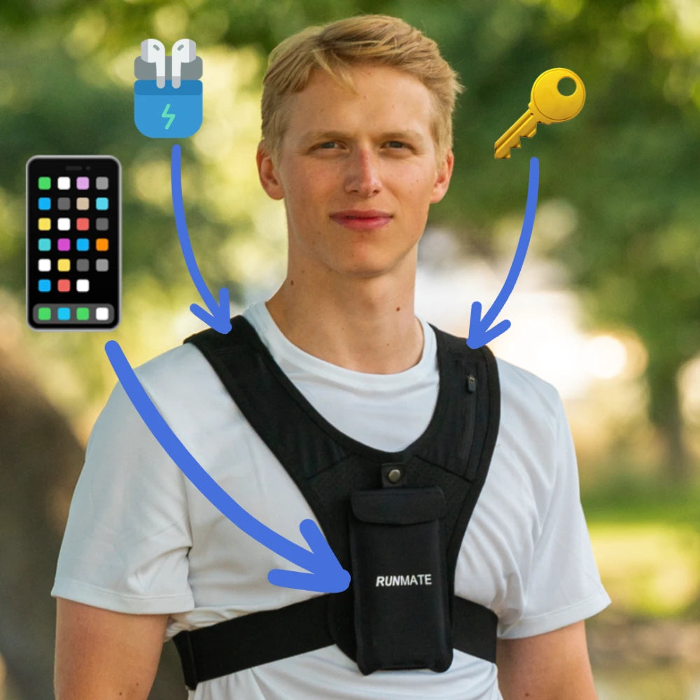 Dette er et billede af en mand i en løbevest fra RUNMATE i sort, hvor der markeret, at der kan være AirPods, nøgler og en mobil i løbevesten